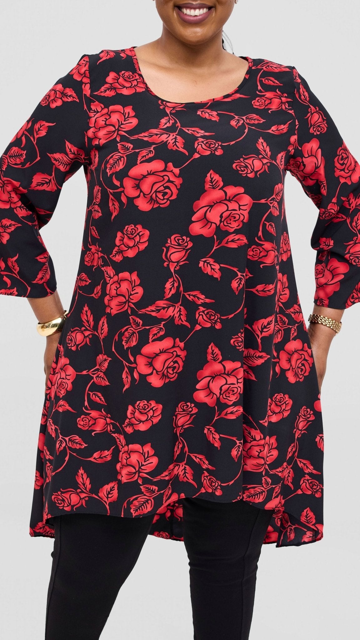 Vivo Maisha 3/4 Sleeve High Low Top - Red / Black Print - Shopzetu