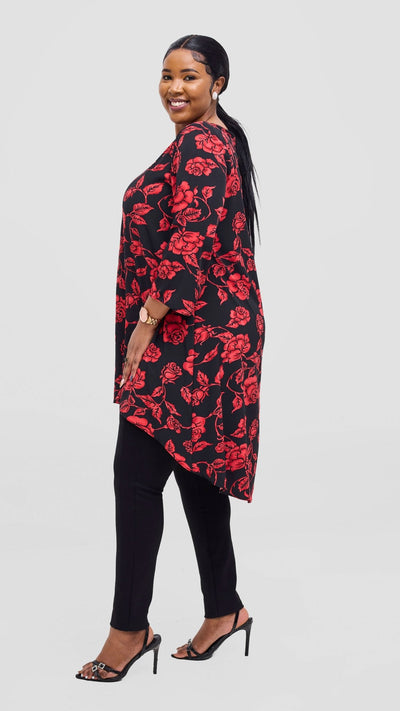 Vivo Maisha 3/4 Sleeve High Low Top - Red / Black Print - Shopzetu
