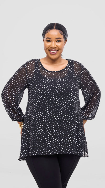 Vivo Samira High Low Top - Black / White Polka Dot Print - Shopzetu