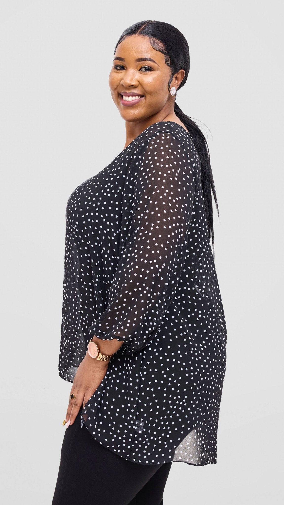 Vivo Samira High Low Top - Black / White Polka Dot Print - Shopzetu