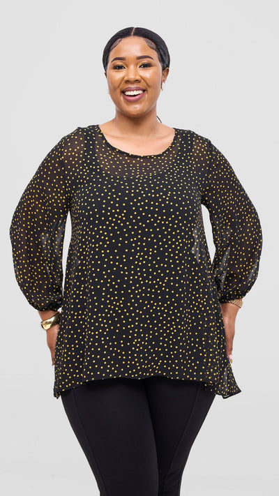 Vivo Samira High Low Top - Black / Yellow Polka Dot Print - Shopzetu