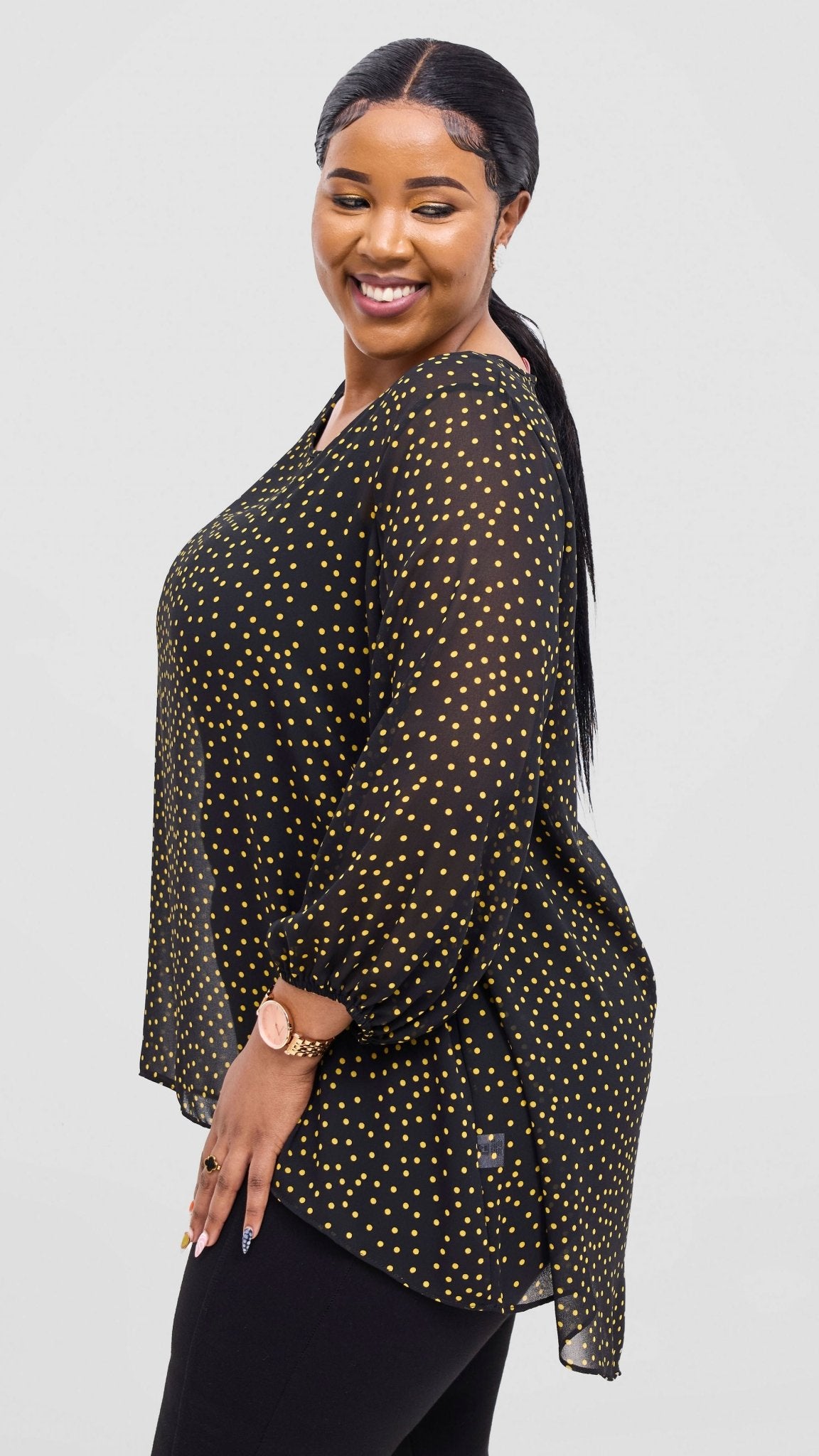 Vivo Samira High Low Top - Black / Yellow Polka Dot Print - Shopzetu