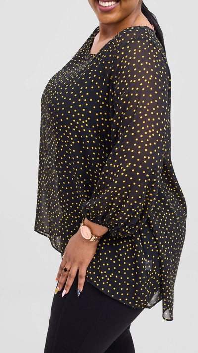 Vivo Samira High Low Top - Black / Yellow Polka Dot Print - Shopzetu