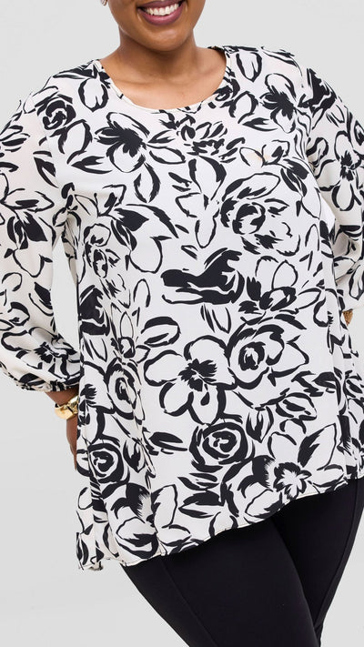 Vivo Samira High Low Top - Cream / Black Ira Print - Shopzetu