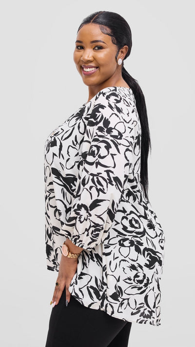 Vivo Samira High Low Top - Cream / Black Ira Print - Shopzetu