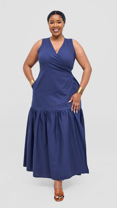 Safari Naledi Gathered Panel Wrap Dress - Navy - Shopzetu