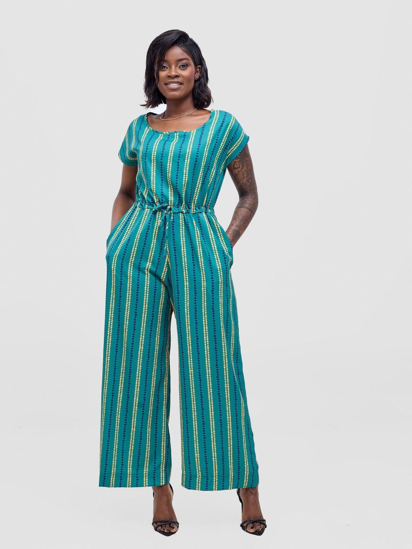 Vivo Sakari Drop Shoulder Jumpsuit - Green / Navy Deka Print - Shopzetu