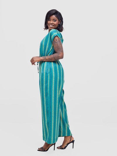 Vivo Sakari Drop Shoulder Jumpsuit - Green / Navy Deka Print - Shopzetu