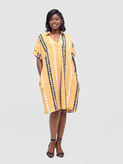 Vivo Reba Drop Shoulder Shirt Dress - Mustard / Navy Deka Print - Shopzetu