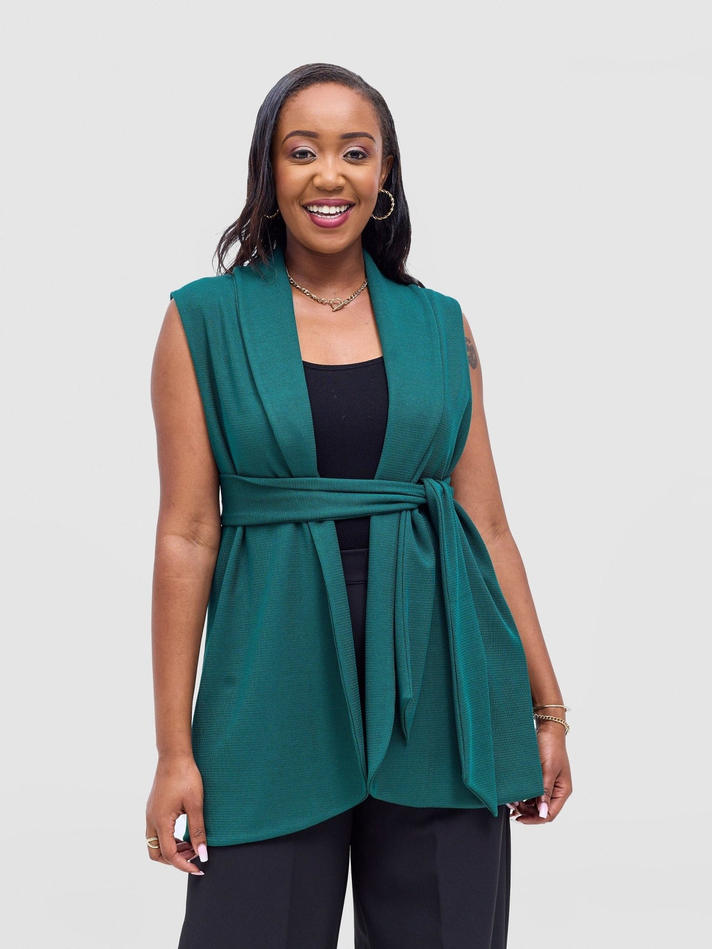 Vivo Basic Sleeveless Double Layered Coat - Dark Green - Shopzetu