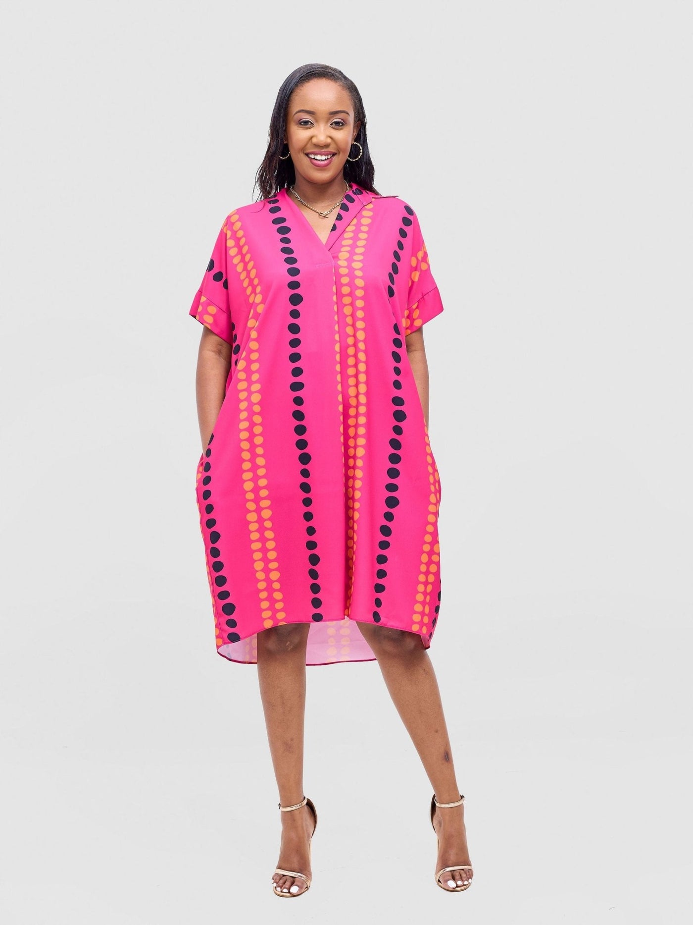 Vivo Reba Drop Shoulder Shirt Dress - Hot Pink / Black Deka Print - Shopzetu