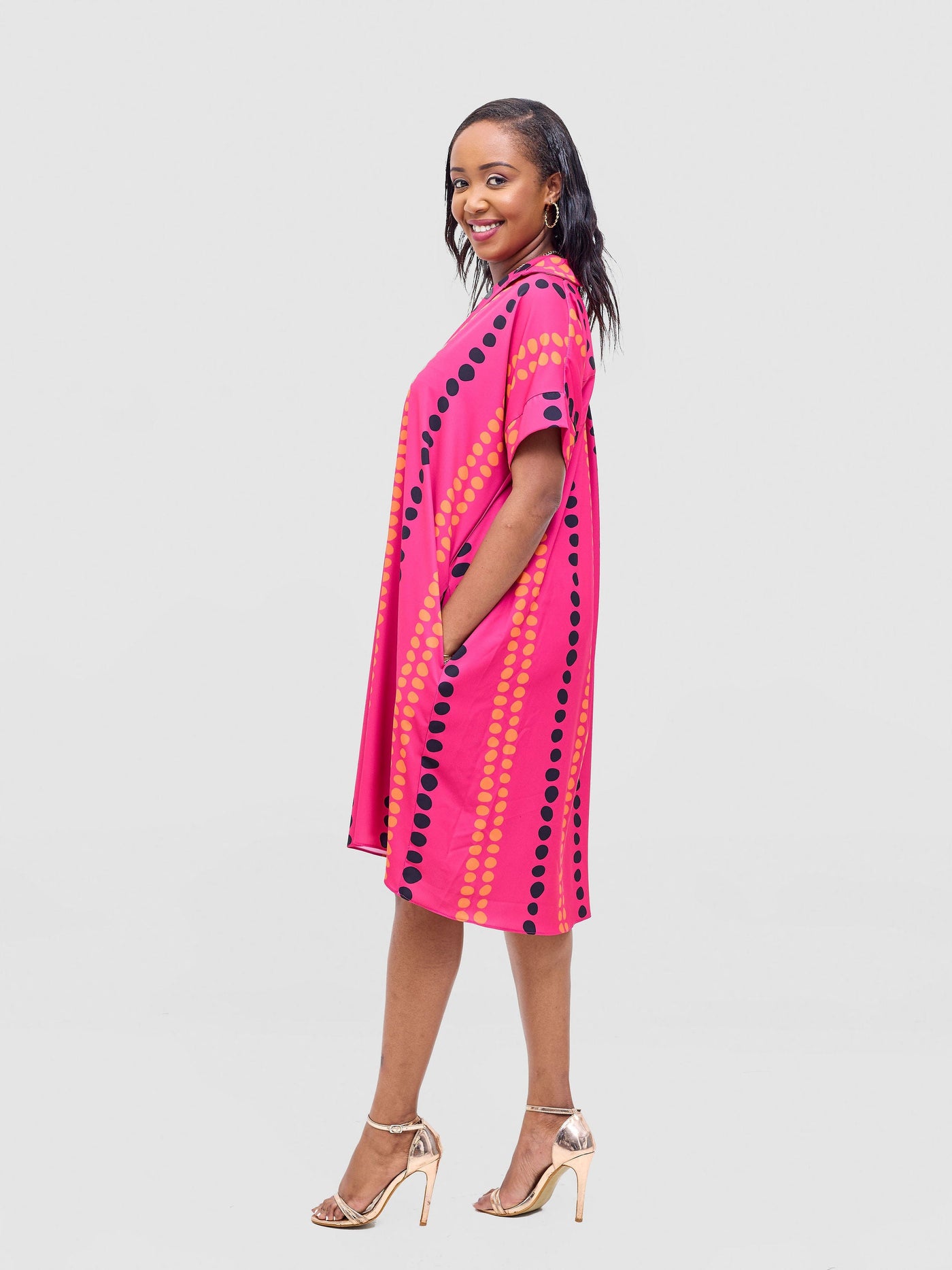 Vivo Reba Drop Shoulder Shirt Dress - Hot Pink / Black Deka Print