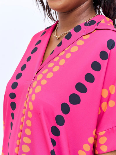 Vivo Reba Drop Shoulder Shirt Dress - Hot Pink / Black Deka Print - Shopzetu
