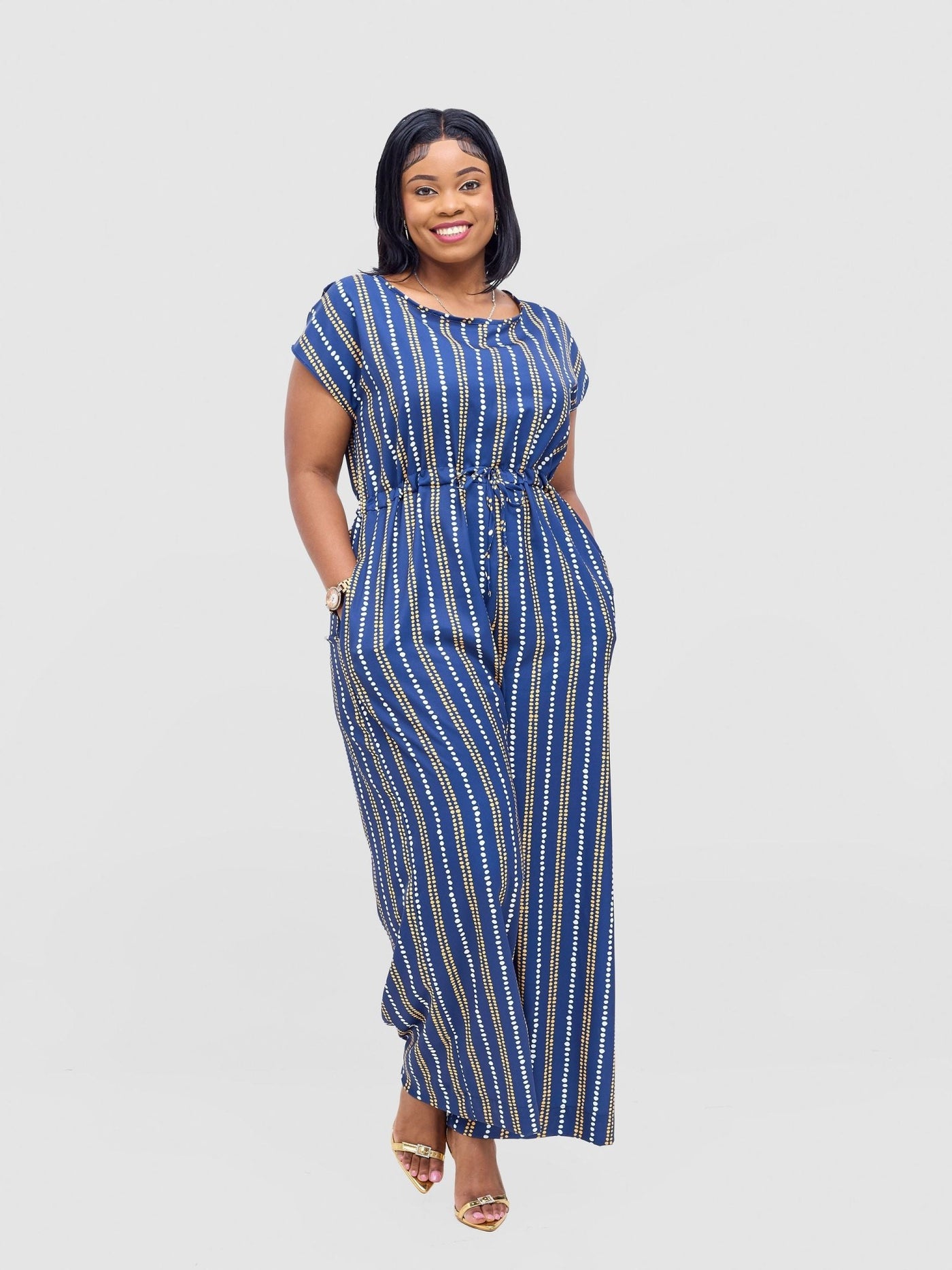 Vivo Sakari Drop Shoulder Jumpsuit - Navy / White Deka Print - Shopzetu