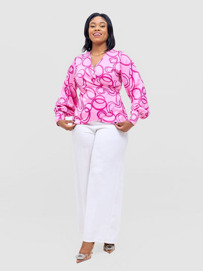 Vivo Merika Satin Wrap Top - Rose Pink / Fuschia Nito Print - Shopzetu