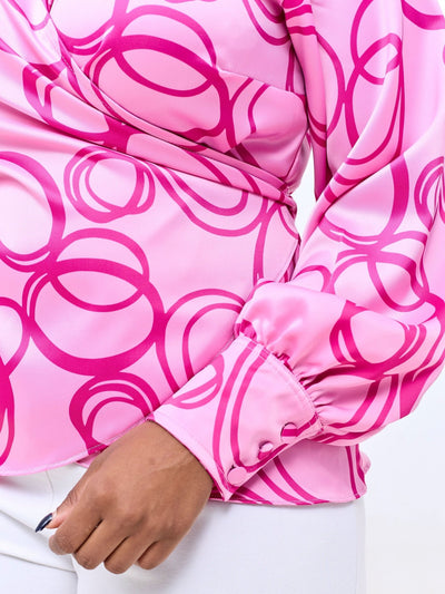 Vivo Merika Satin Wrap Top - Rose Pink / Fuschia Nito Print - Shopzetu