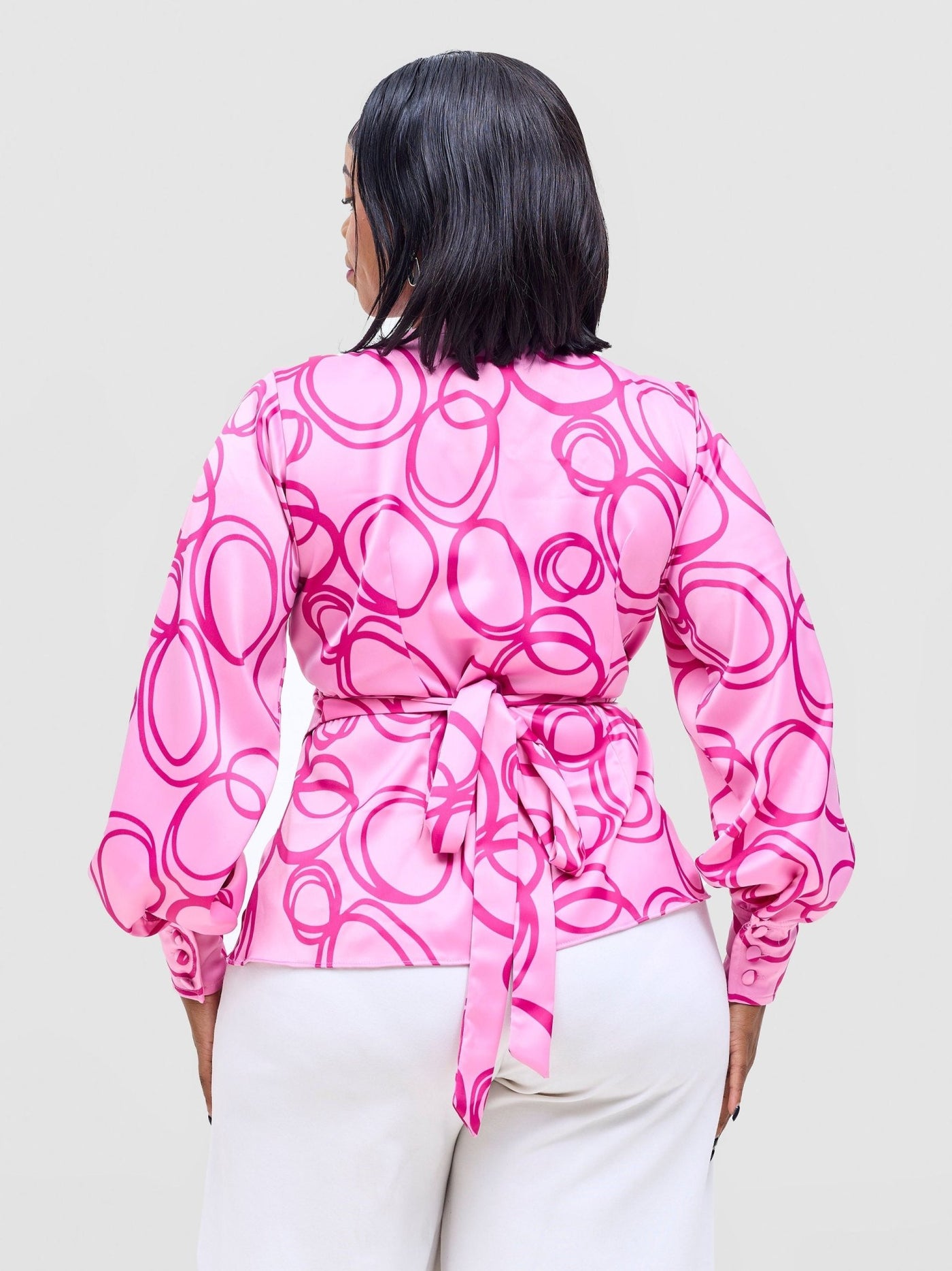 Vivo Merika Satin Wrap Top - Rose Pink / Fuschia Nito Print - Shopzetu