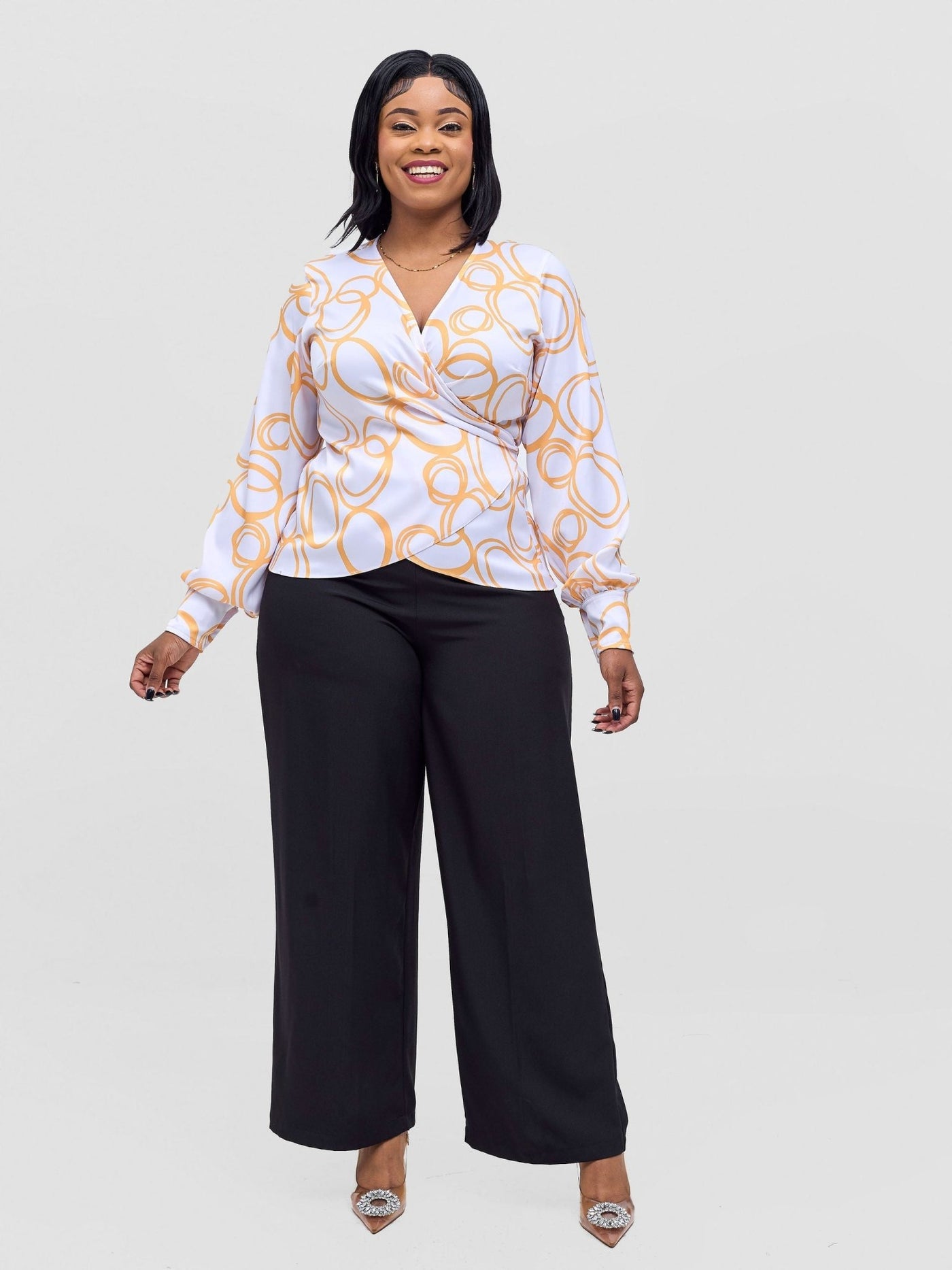 Vivo Merika Satin Wrap Top - White / Mustard Nito Print - Shopzetu