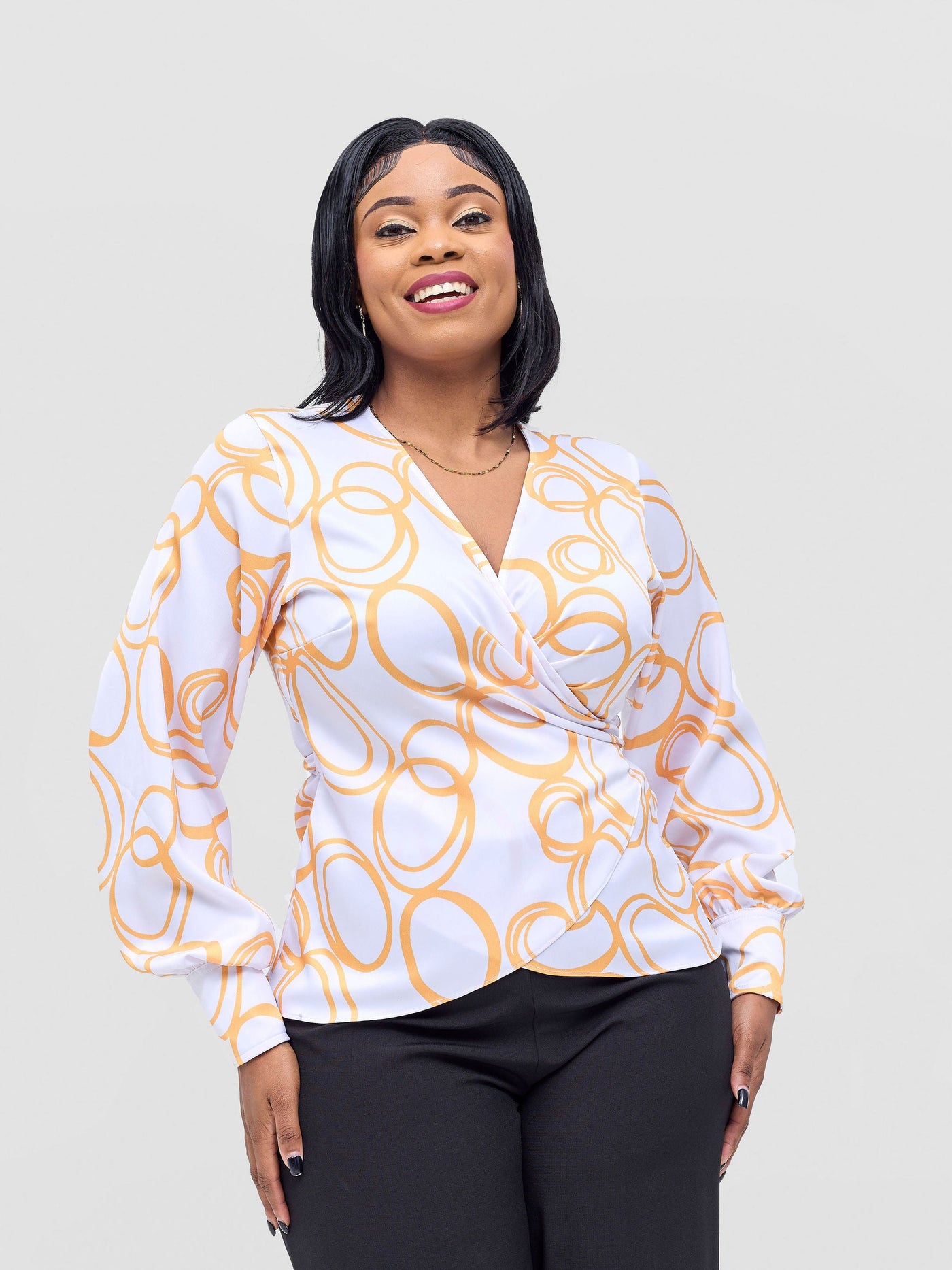 Vivo Merika Satin Wrap Top - White / Mustard Nito Print