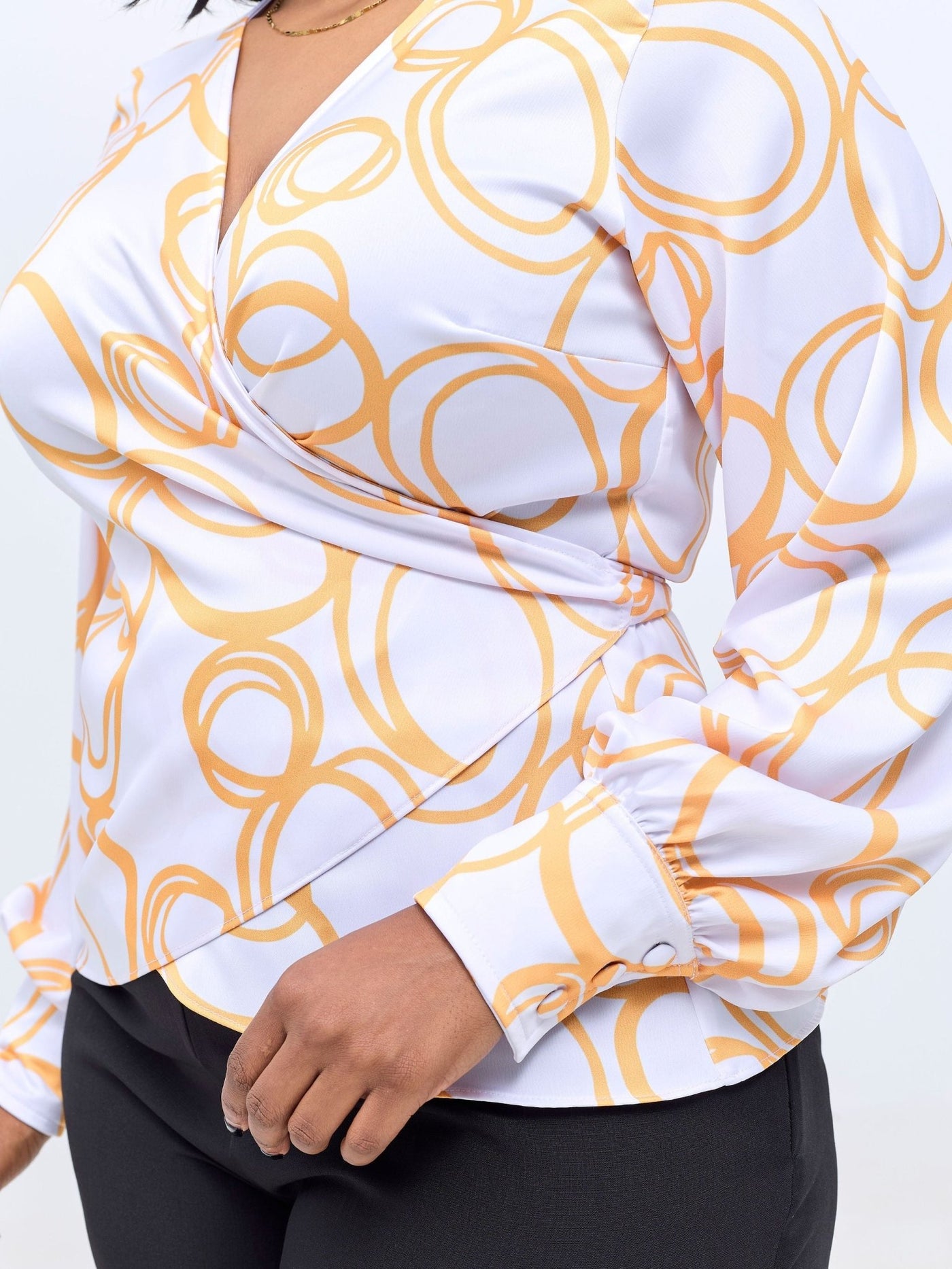 Vivo Merika Satin Wrap Top - White / Mustard Nito Print - Shopzetu