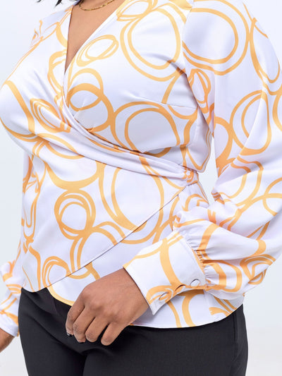 Vivo Merika Satin Wrap Top - White / Mustard Nito Print - Shopzetu