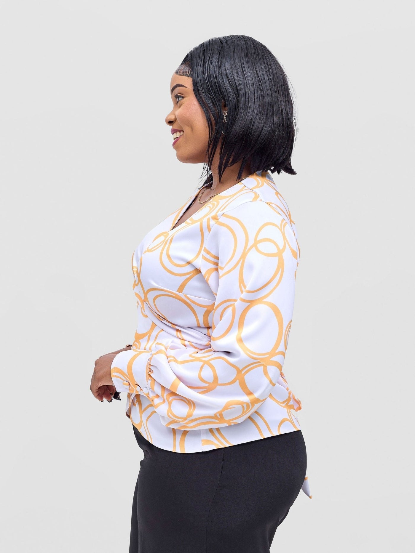 Vivo Merika Satin Wrap Top - White / Mustard Nito Print - Shopzetu
