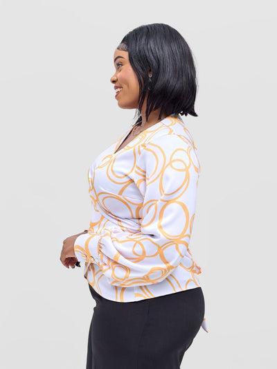Vivo Merika Satin Wrap Top - White / Mustard Nito Print - Shopzetu