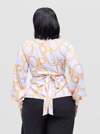 Vivo Merika Satin Wrap Top - White / Mustard Nito Print - Shopzetu