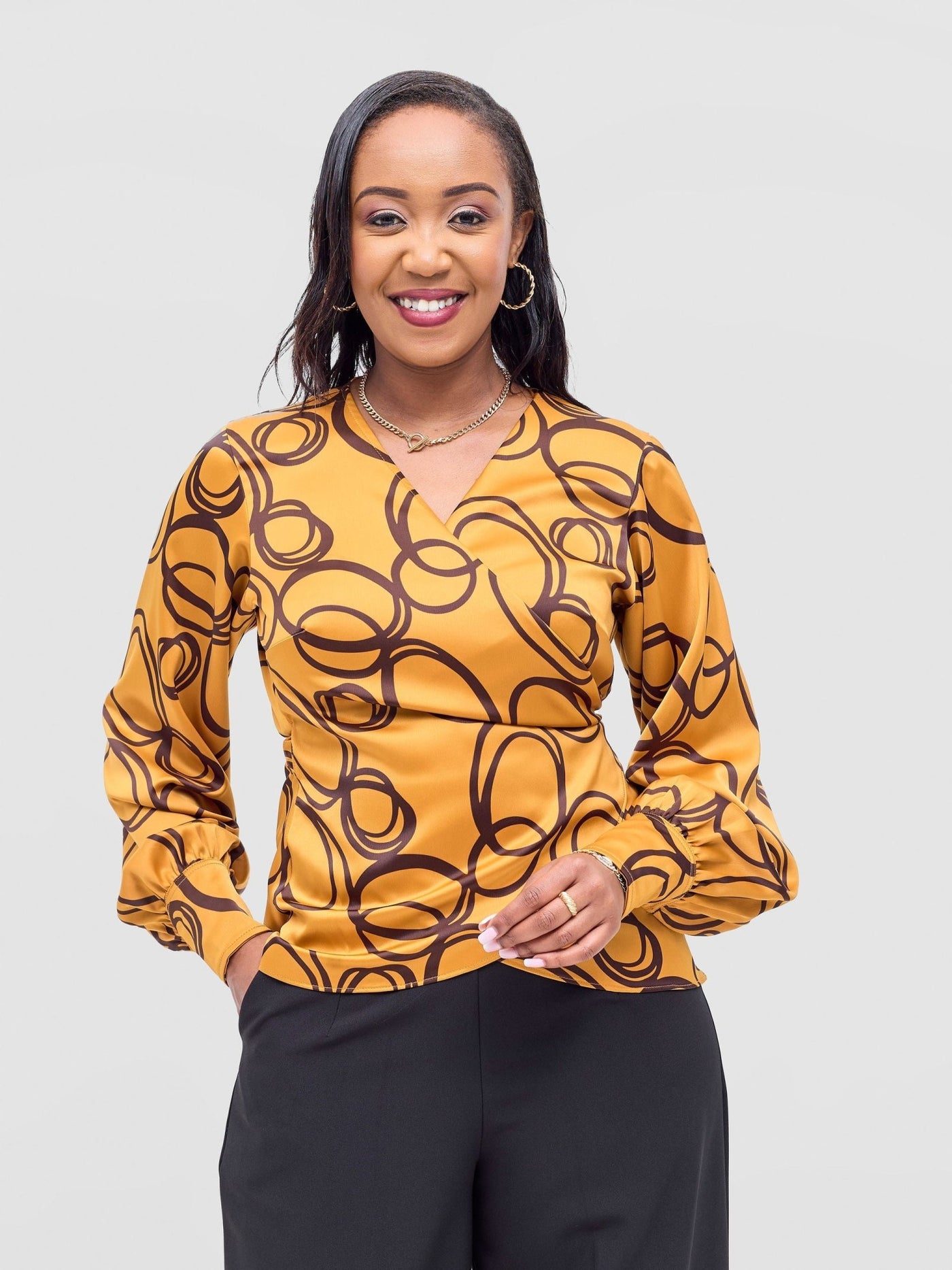 Vivo Merika Satin Wrap Top - Mustard / Dark Brown Nito Print - Shopzetu
