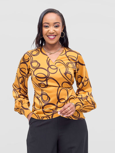 Vivo Merika Satin Wrap Top - Mustard / Dark Brown Nito Print - Shopzetu