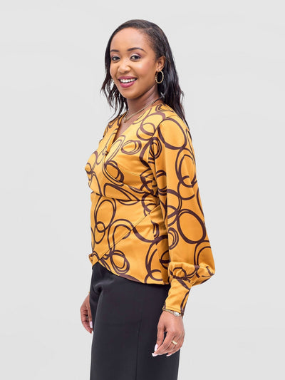 Vivo Merika Satin Wrap Top - Mustard / Dark Brown Nito Print - Shopzetu