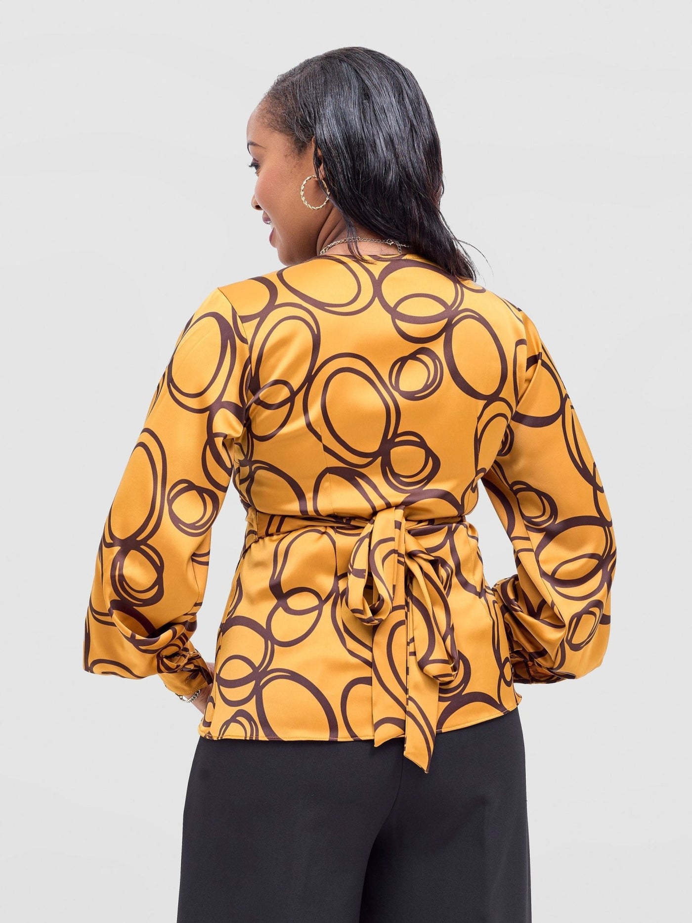 Vivo Merika Satin Wrap Top - Mustard / Dark Brown Nito Print - Shopzetu