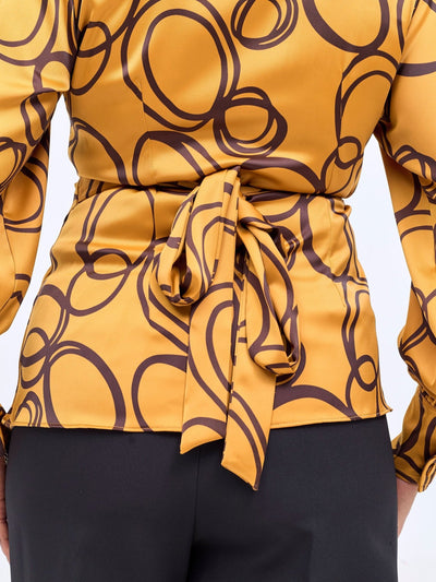 Vivo Merika Satin Wrap Top - Mustard / Dark Brown Nito Print - Shopzetu