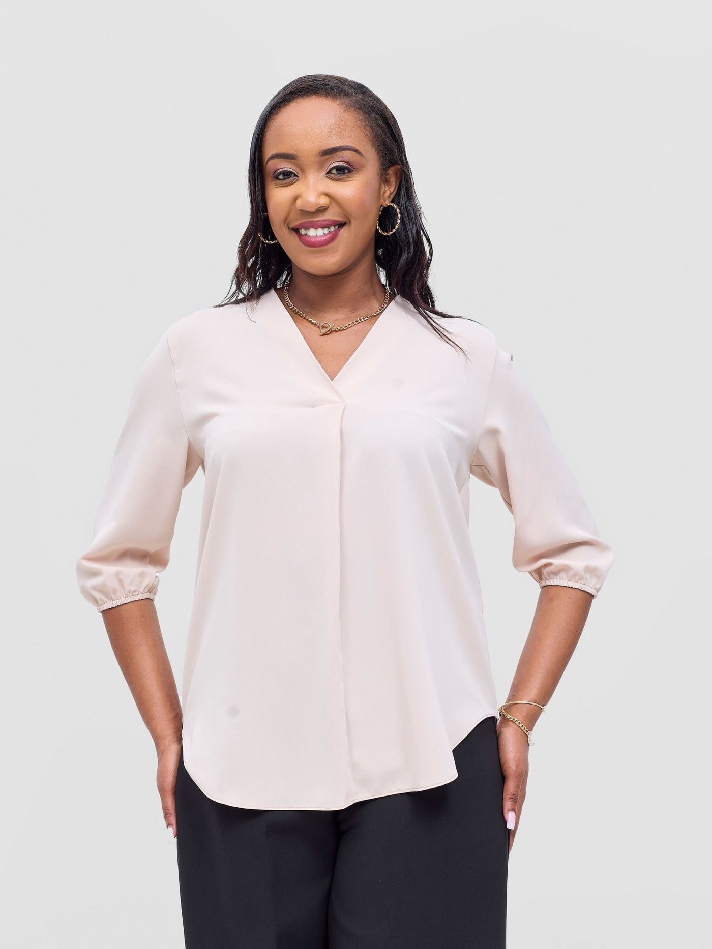 Vivo Dua 3/4 Sleeved V Neck Shirt - Taupe - Shopzetu