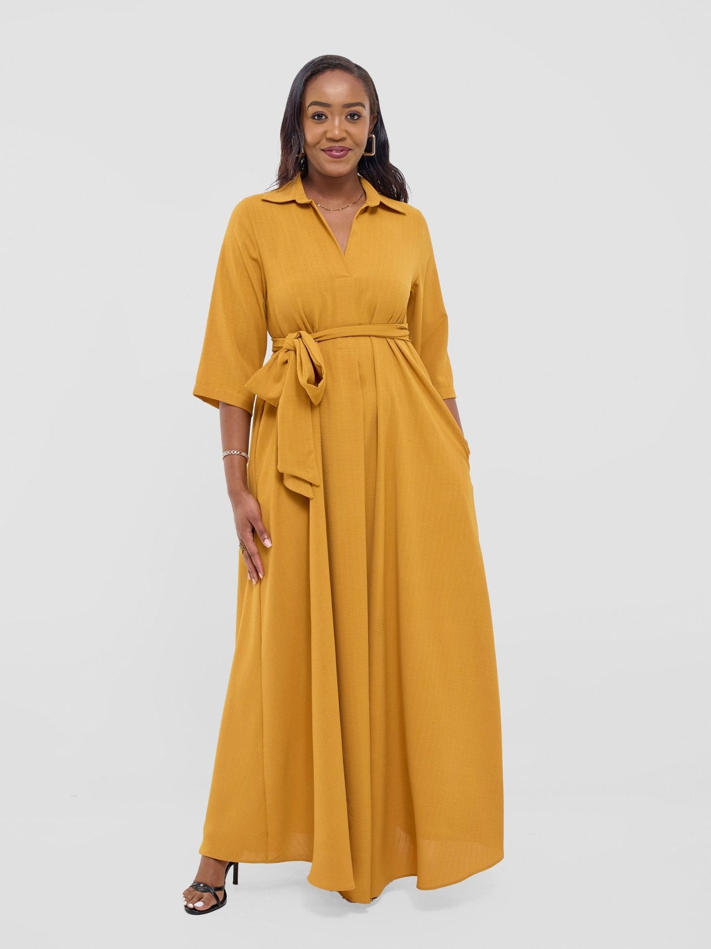 Vivo Yumi Maxi Shirt Dress - Dark Mustard (poly - cotton) - Shopzetu