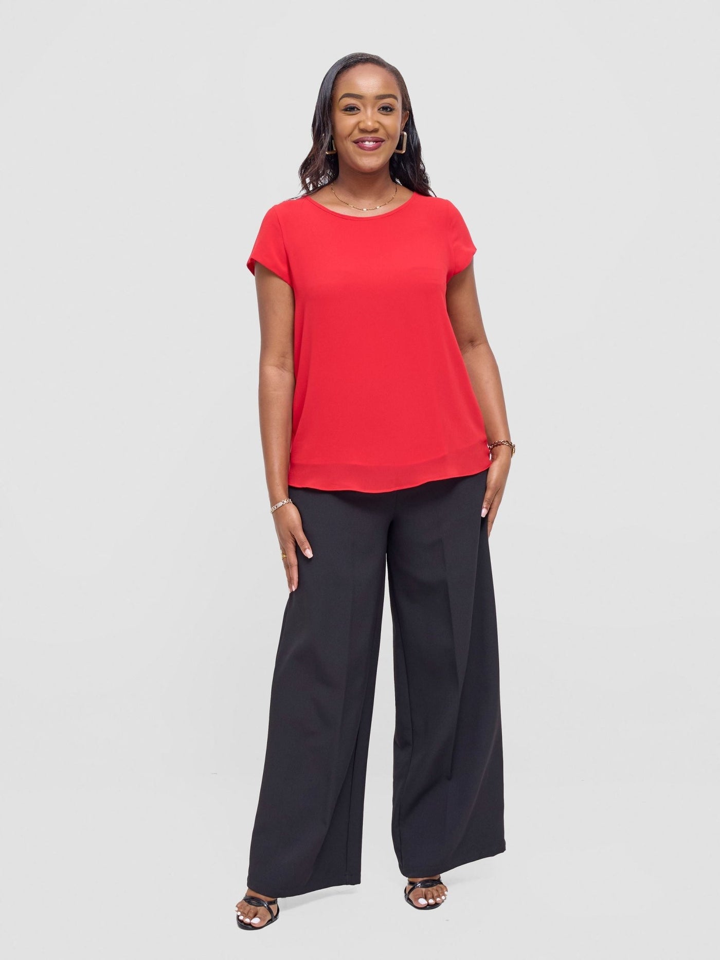 Vivo Basic Chiffon Cap Sleeve Top (Double Layered) - Red - Shopzetu