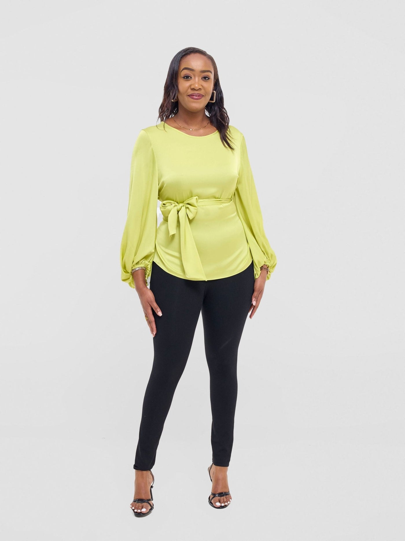 Vivo Izzy Satin Bishop Sleeve Top - Lime - Shopzetu