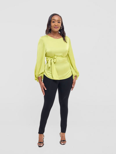 Vivo Izzy Satin Bishop Sleeve Top - Lime - Shopzetu