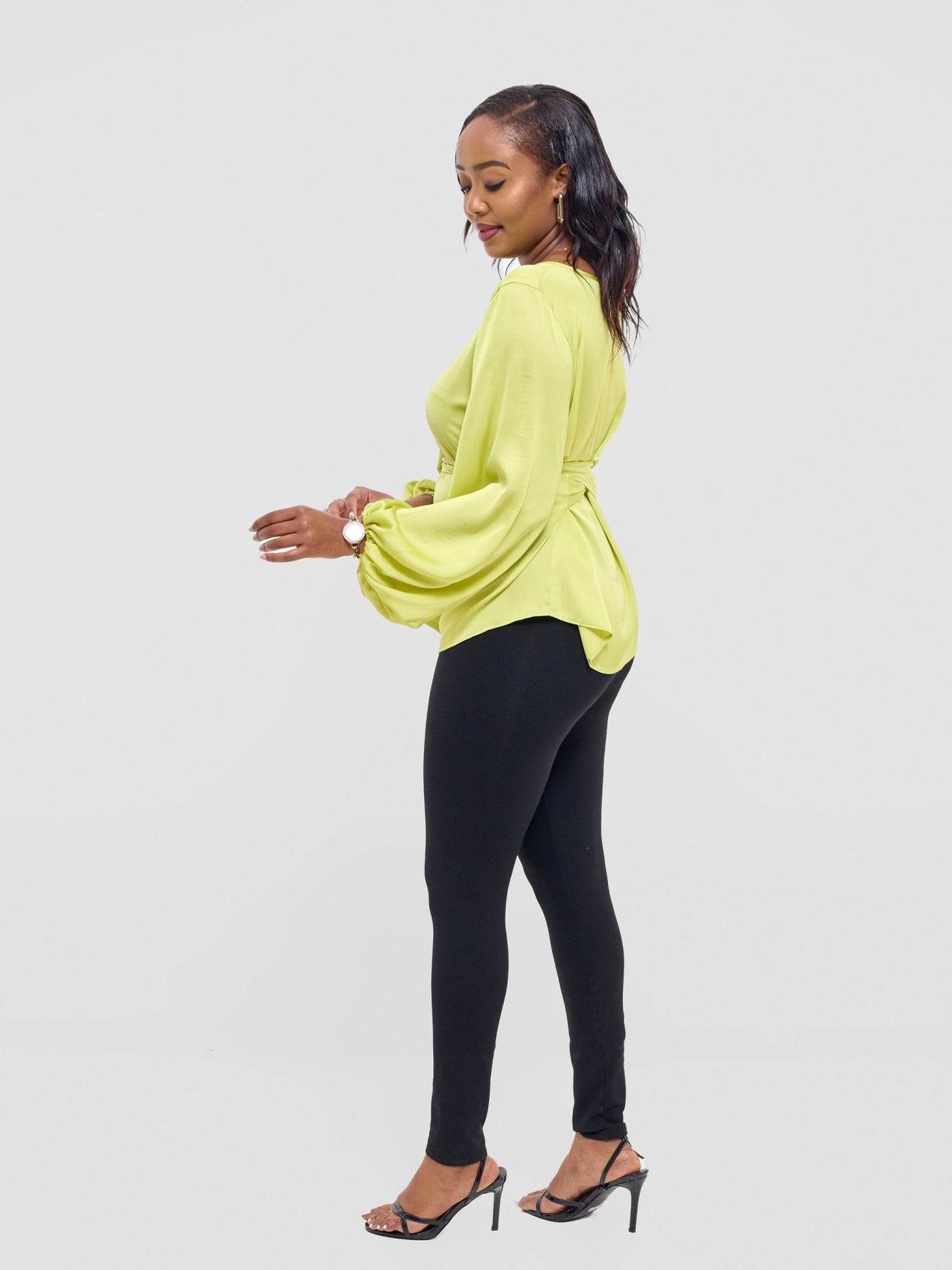 Vivo Izzy Satin Bishop Sleeve Top - Lime - Shopzetu