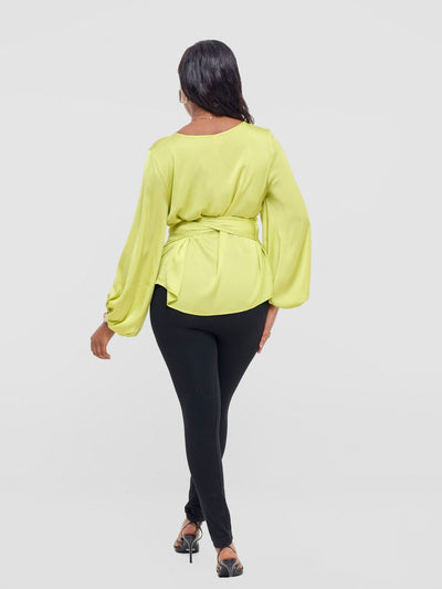 Vivo Izzy Satin Bishop Sleeve Top - Lime - Shopzetu