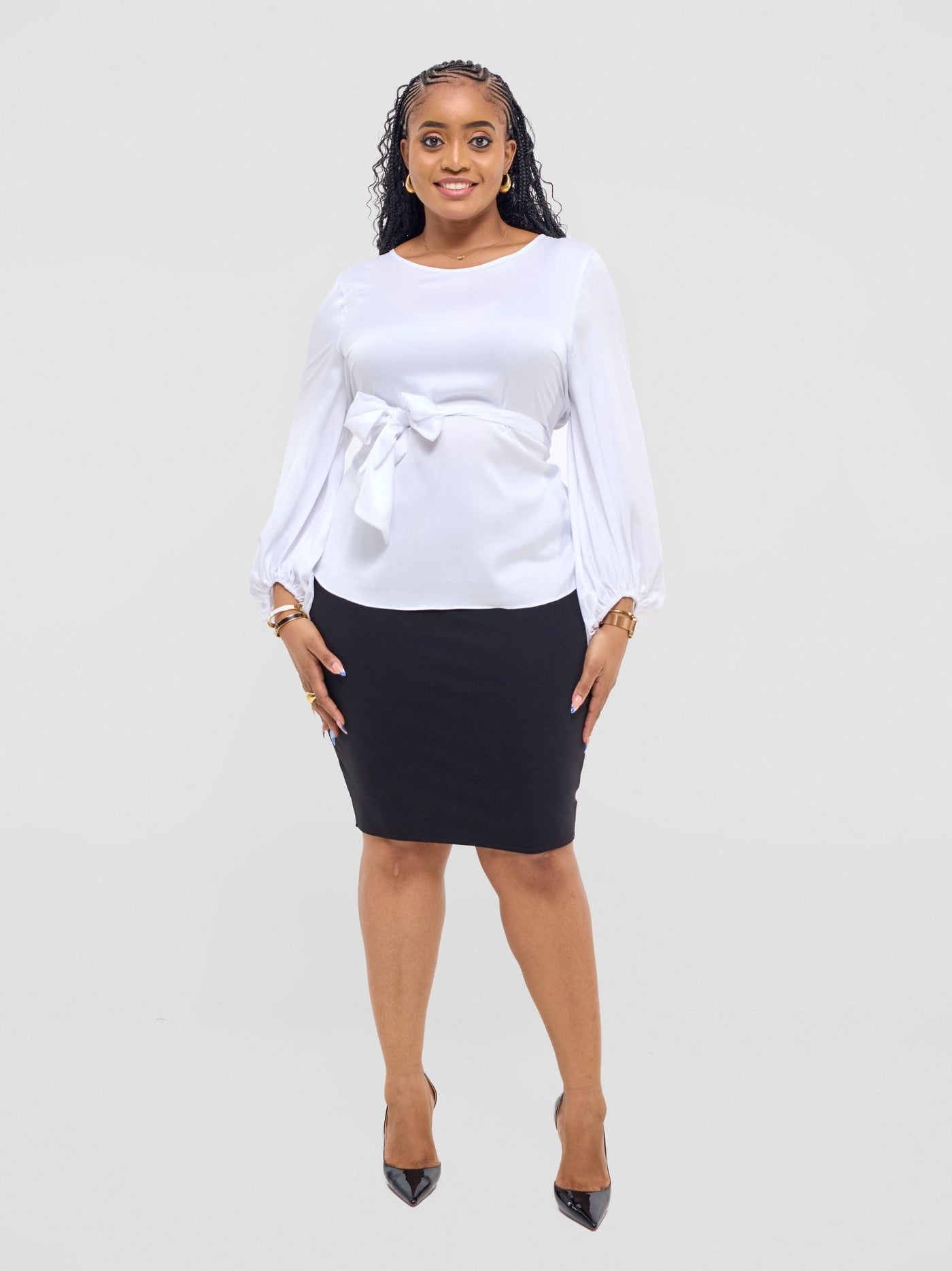 Vivo Izzy Satin Bishop Sleeve Top - White - Shopzetu