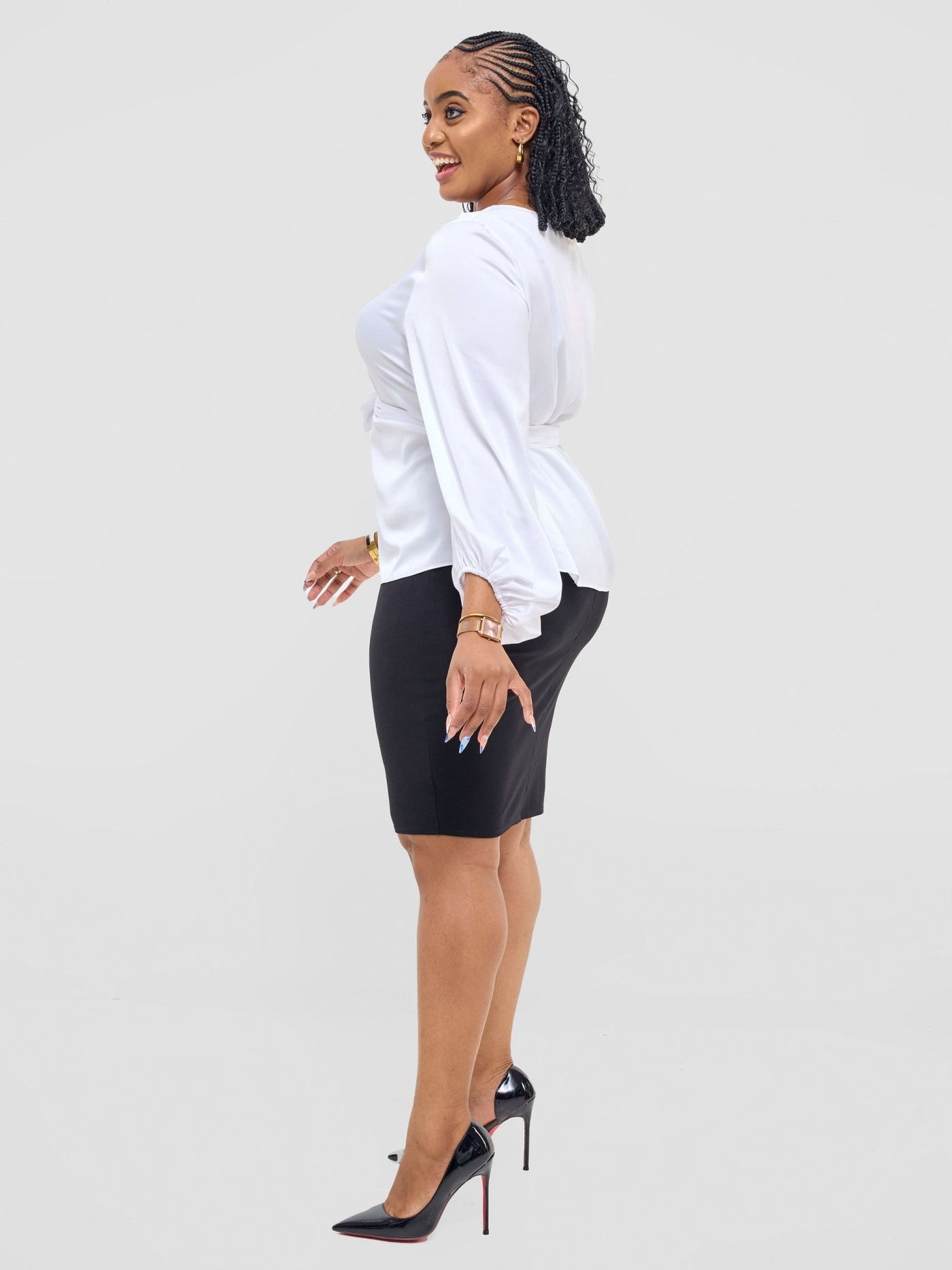 Vivo Izzy Satin Bishop Sleeve Top - White - Shopzetu