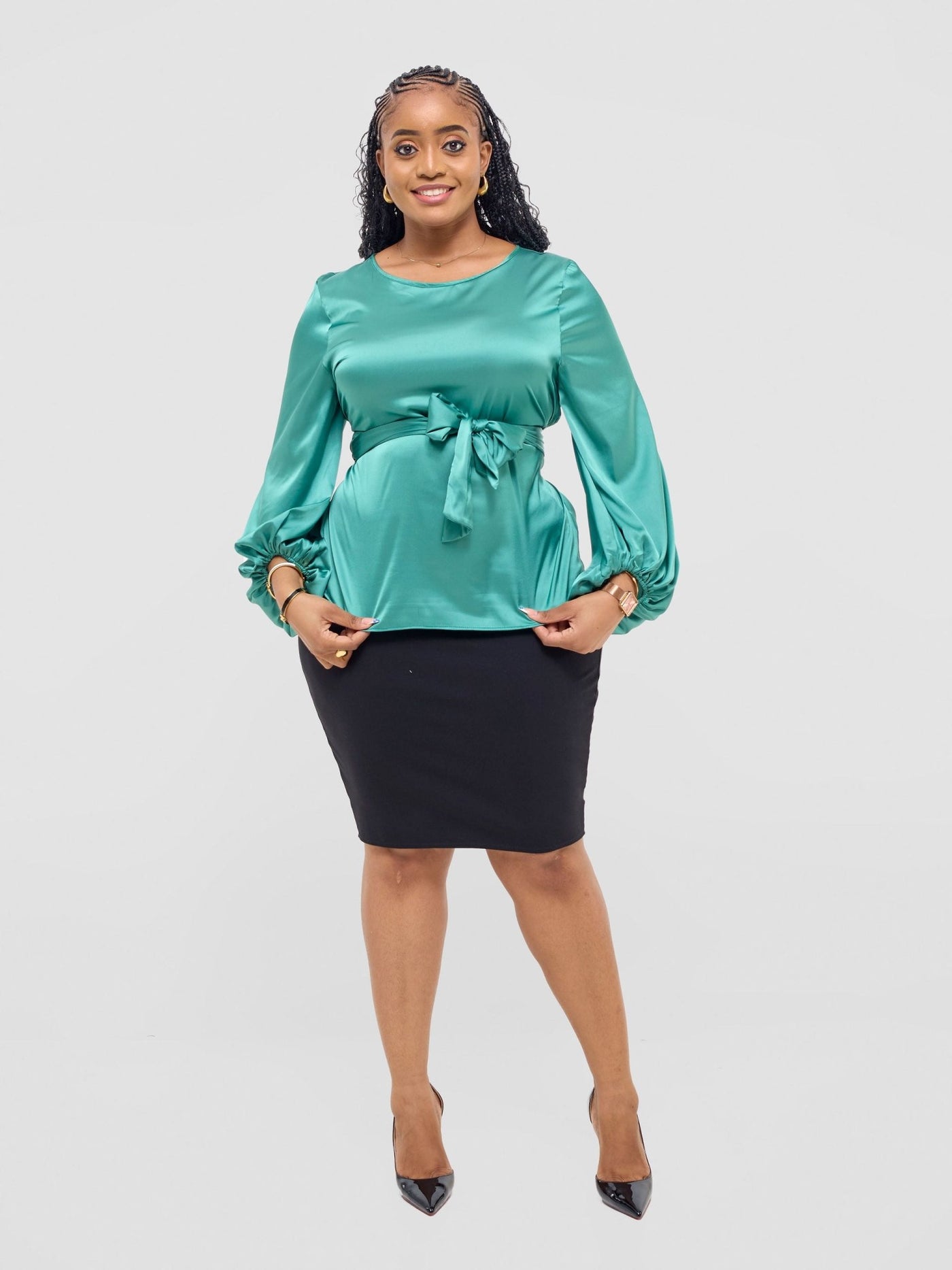 Vivo Izzy Satin Bishop Sleeve Top - Sea Green - Shopzetu