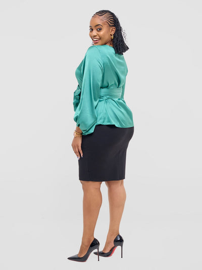 Vivo Izzy Satin Bishop Sleeve Top - Sea Green - Shopzetu