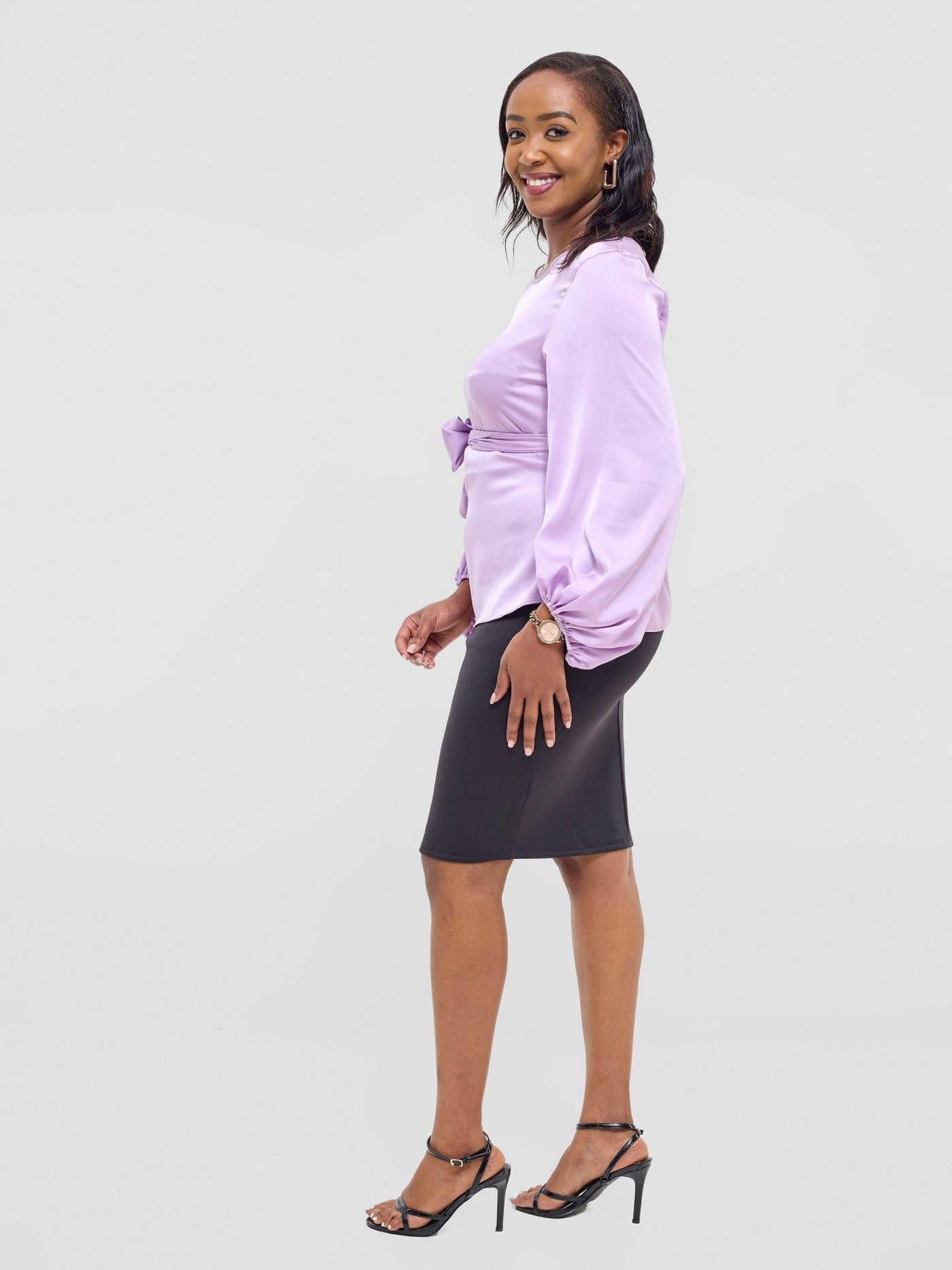 Vivo Izzy Satin Bishop Sleeve Top - Light Purple - Shopzetu