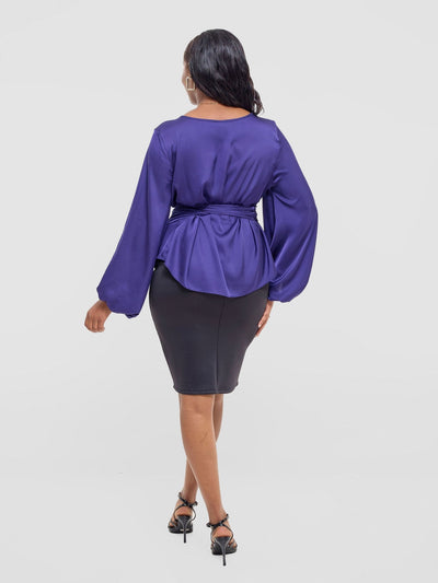 Vivo Izzy Satin Bishop Sleeve Top - Dark Purple - Shopzetu