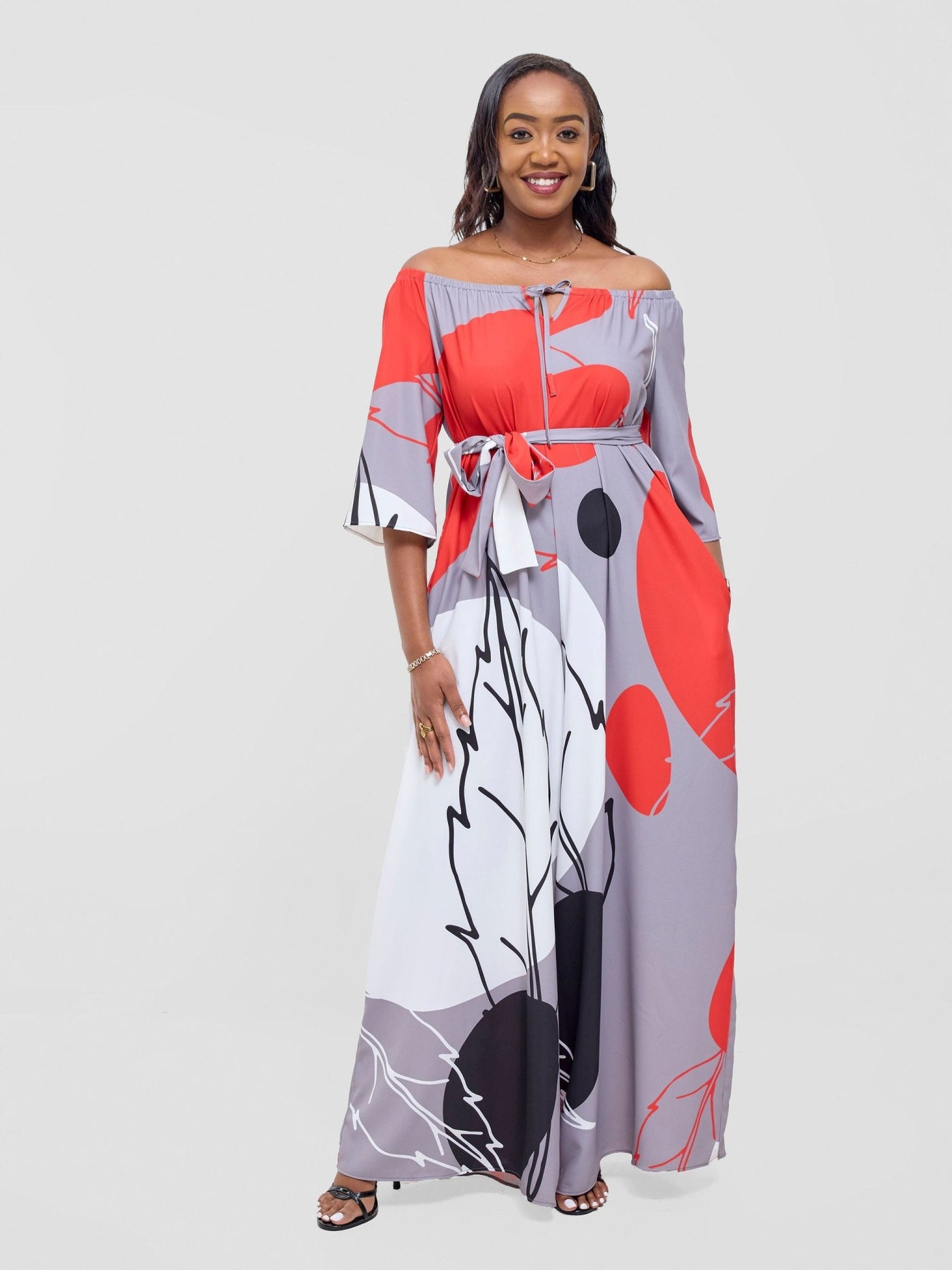 Vivo Zahari 3/4 Sleeve Off - Shoulder Jumpsuit - Grey / Red Bali Print - Shopzetu