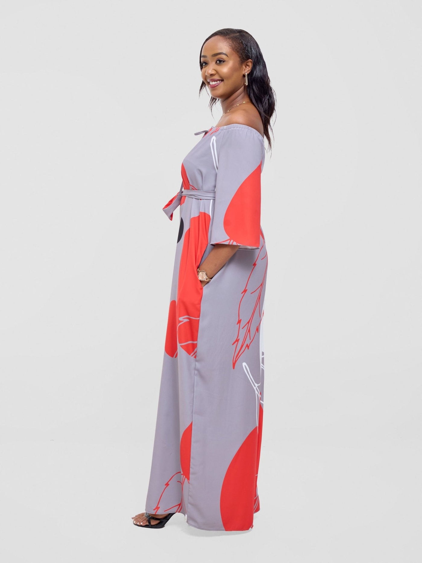 Vivo Zahari 3/4 Sleeve Off - Shoulder Jumpsuit - Grey / Red Bali Print - Shopzetu