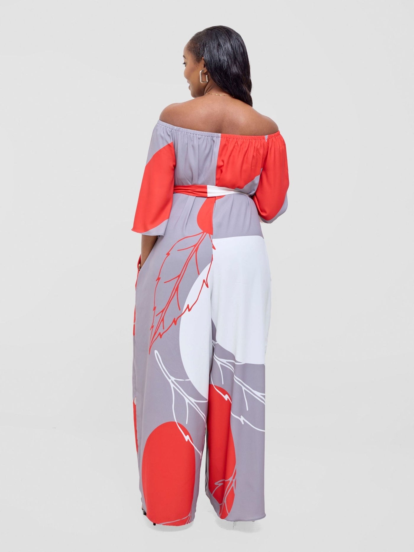 Vivo Zahari 3/4 Sleeve Off - Shoulder Jumpsuit - Grey / Red Bali Print - Shopzetu