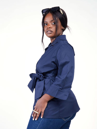 Safari Mali 3/4 Sleeve Tie Shirt - Navy Blue - Shopzetu